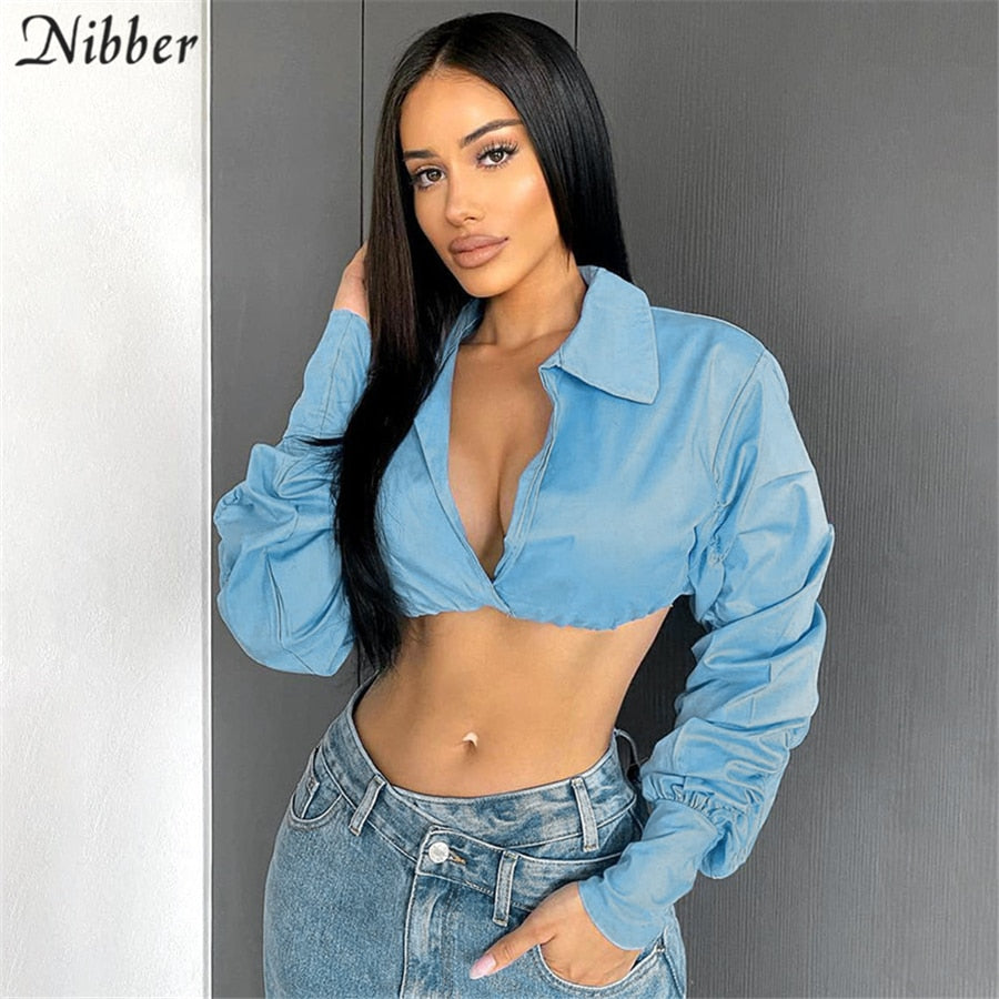 Nibber Basic Puff Sleeve Crop Tops Women's Clothing Sexy Deep V-neck Tee Shirt Trend Clubwear Street Casual T shirts Female