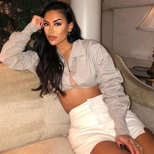 Nibber Basic Puff Sleeve Crop Tops Women's Clothing Sexy Deep V-neck Tee Shirt Trend Clubwear Street Casual T shirts Female