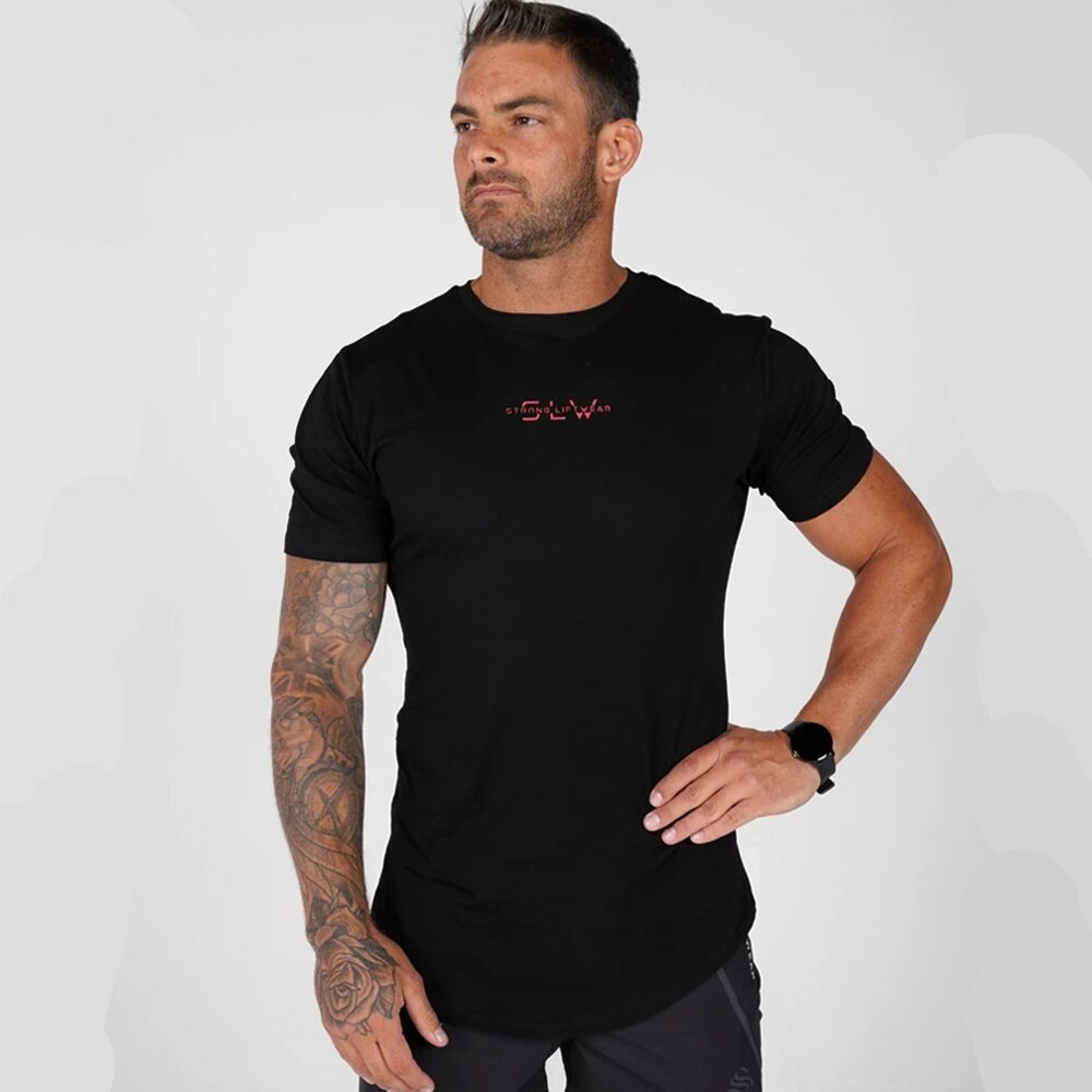 Black Casual T-shirt Men Print Short sleeve t shirt Summer Gyms Fitness Workout Cotton Tee shirt Male Brand Tees Tops Clothes