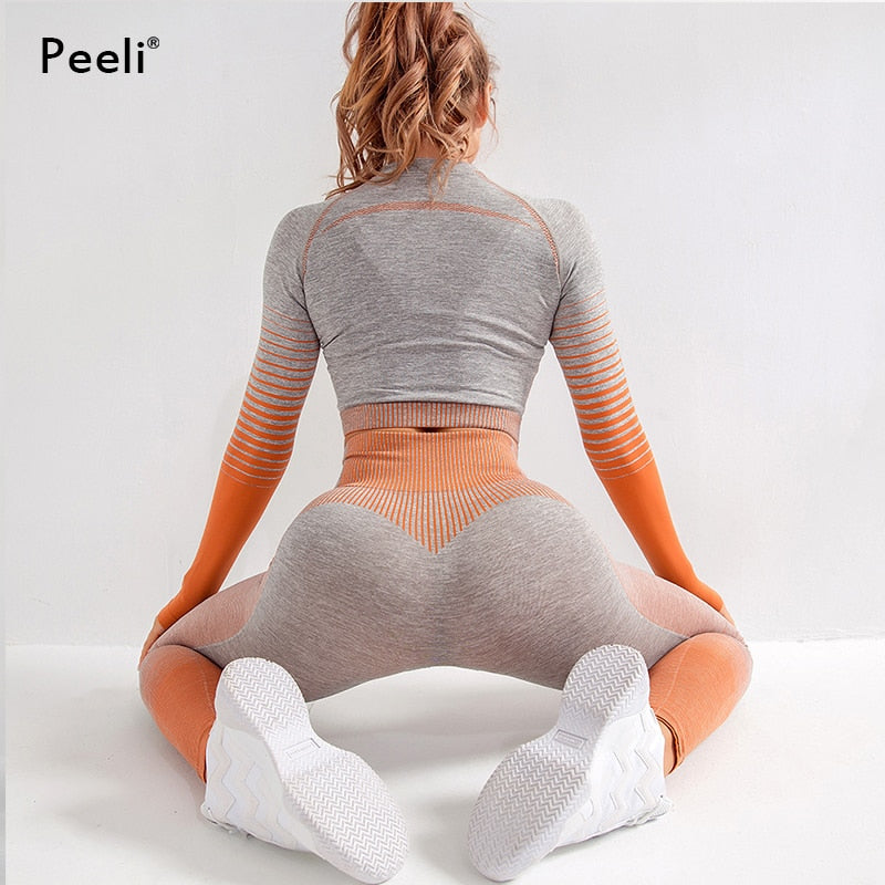 Peeli Long Sleeve Gym Set Cropped Top Seamless Leggings Yoga Set Workout Clothes Women Sport Suit Sportswear Running Tracksuit