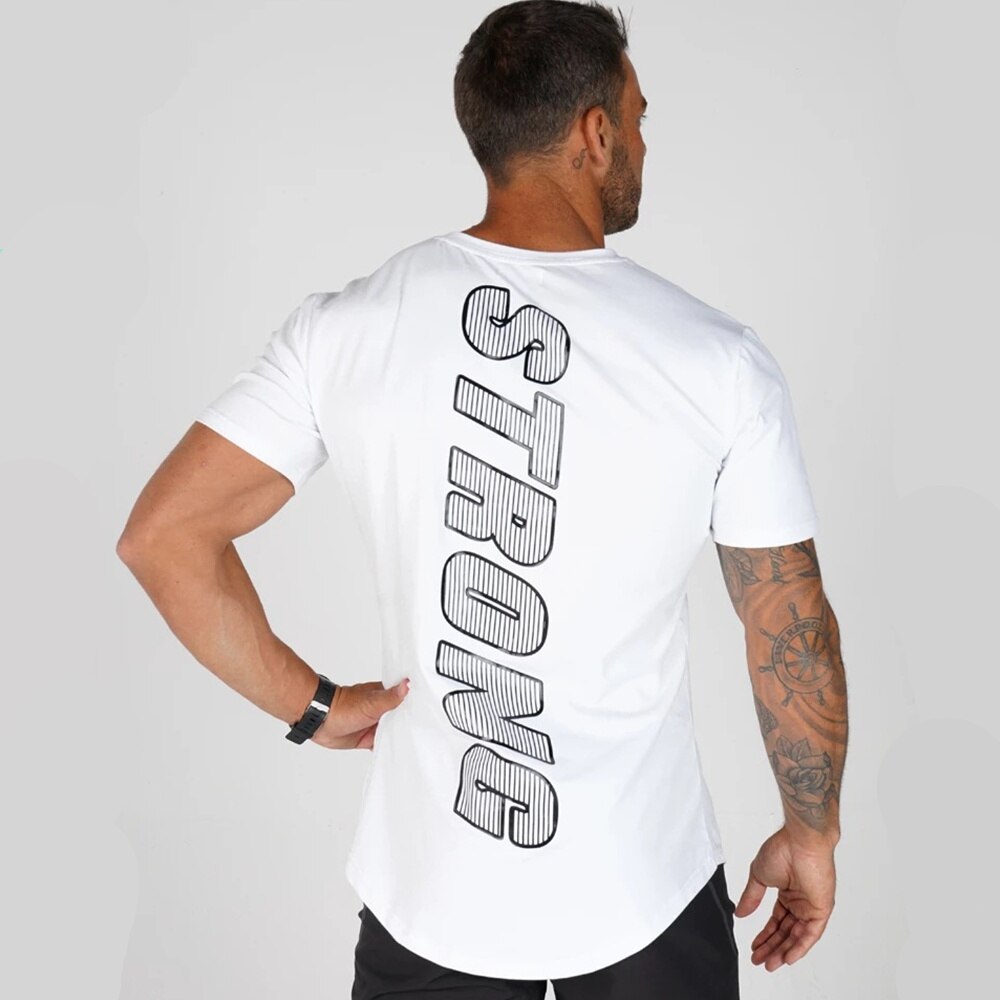 Black Casual T-shirt Men Print Short sleeve t shirt Summer Gyms Fitness Workout Cotton Tee shirt Male Brand Tees Tops Clothes