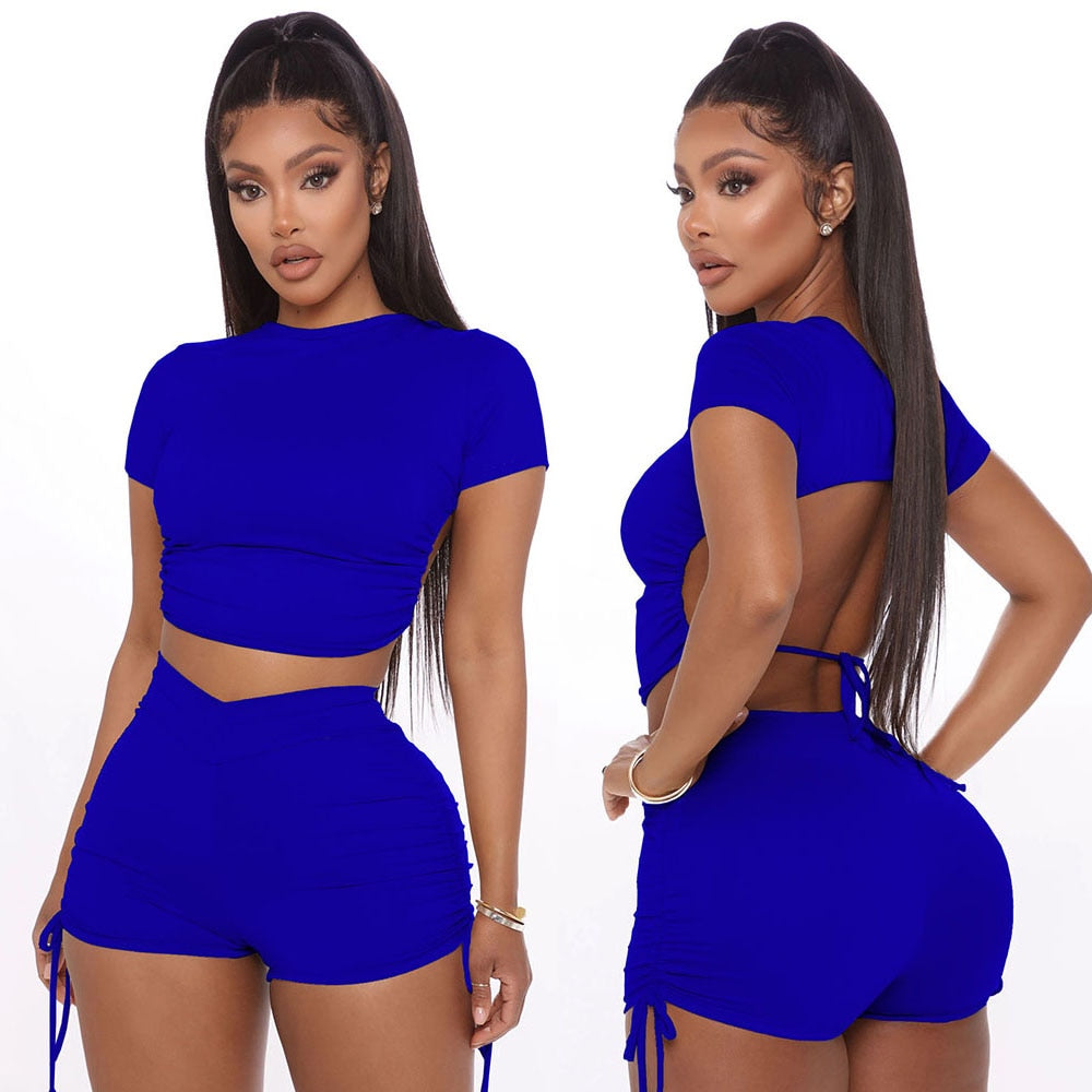 Women Summer Solid Open Back Crop Top Stacked Shorts Jogger Pnats Suit Two Piece Set Sport Matching Set Outfit Fitness Tracksuit