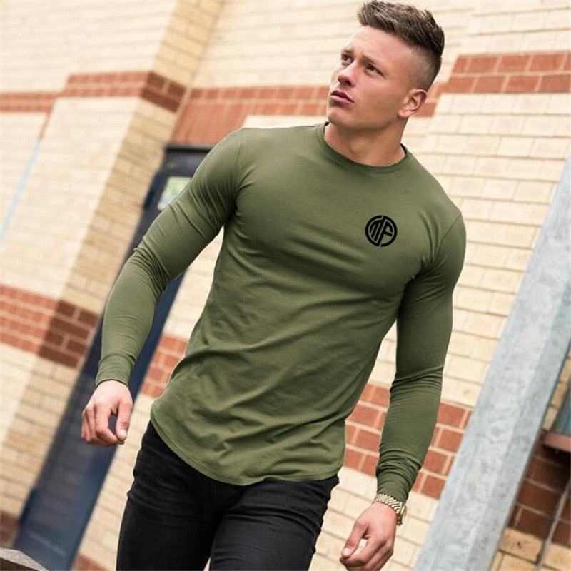 Casual Solid Workout Tee Top New Men Cotton Breathable Sports Long Sleeve T-shirt Spring Fashion Brand O-Neck Slim Fit Tshirt