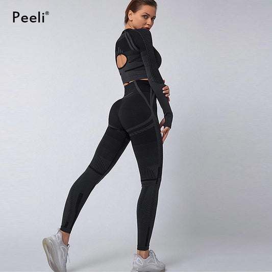 Peeli 2 PC Sports Set Seo Seamless Yoga Set Sport Suit for Women Long Sleeve Gym Crop Top High Waist Leggings Fitness Gym Suit