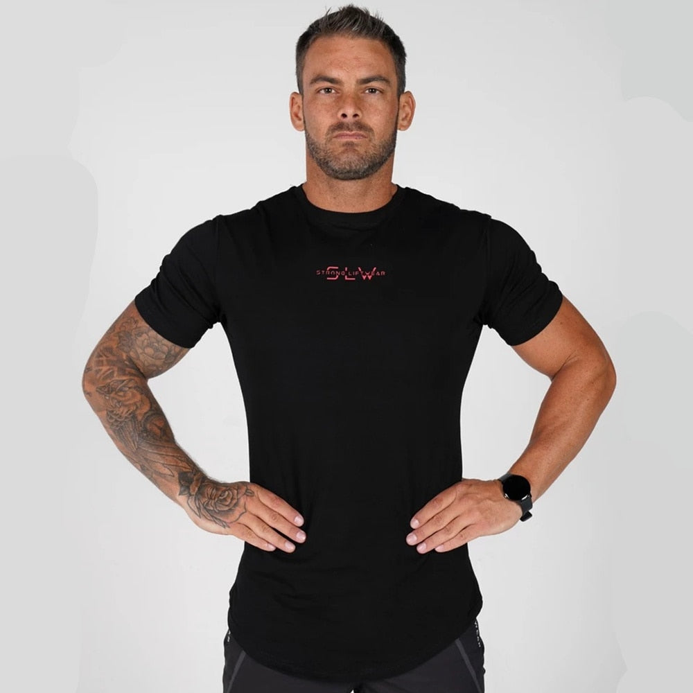 Black Casual T-shirt Men Print Short sleeve t shirt Summer Gyms Fitness Workout Cotton Tee shirt Male Brand Tees Tops Clothes