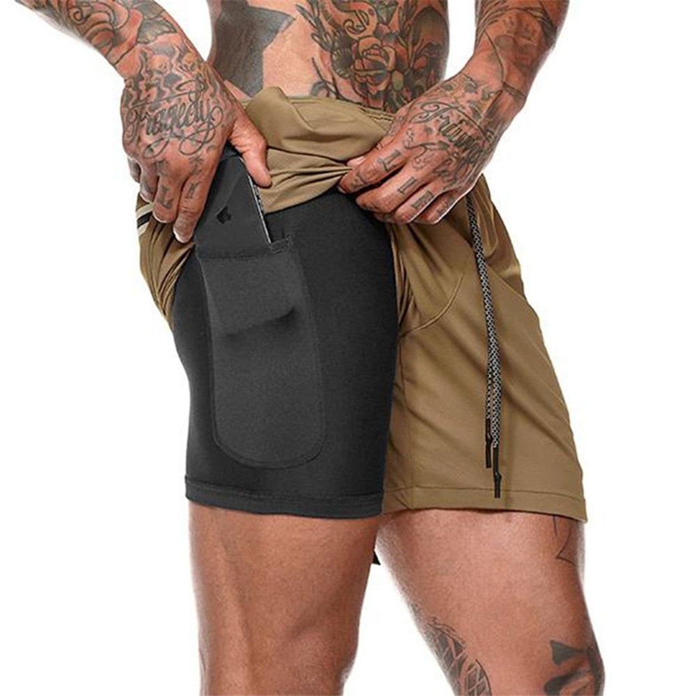 Men 2 in 1 Running Shorts Jogging Gym Fitness Training Quick Dry Beach Short Pants Male Summer Sports Workout Bottoms Bermuda