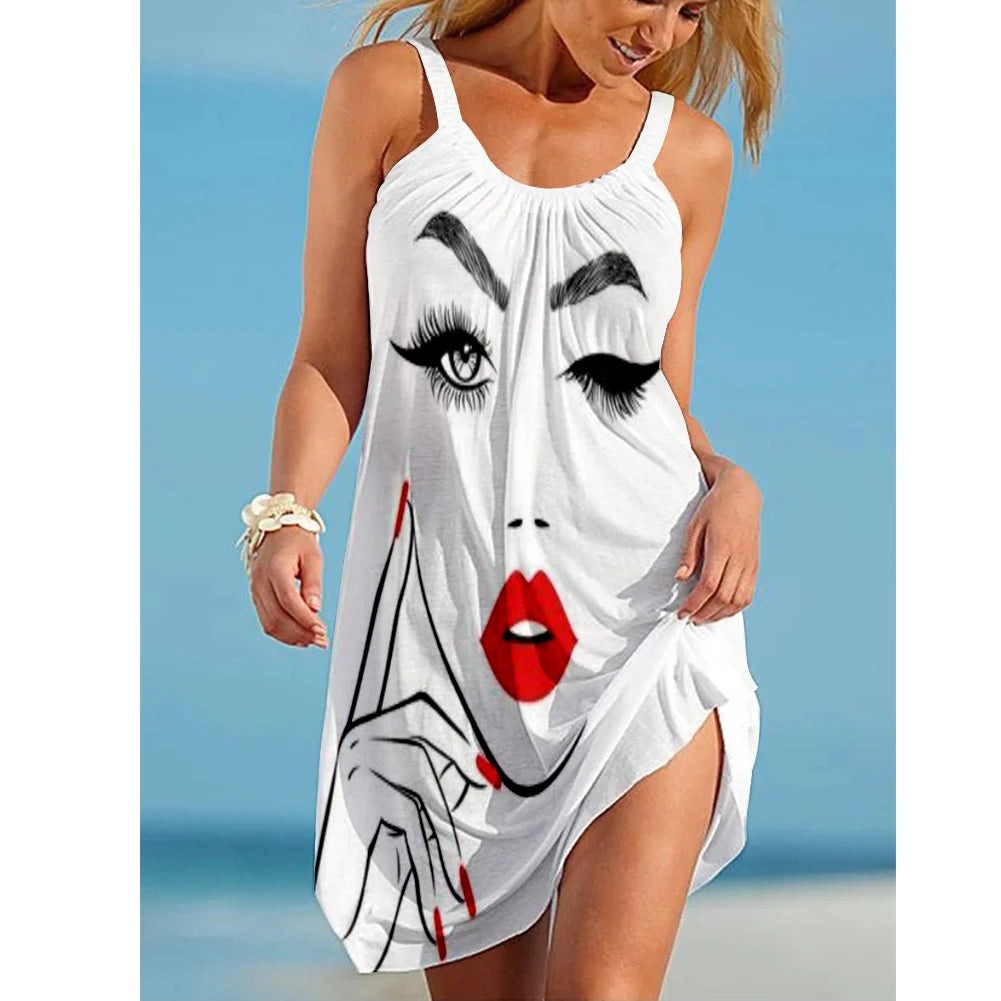 Summer Sexy Beach Dress Portrait Painting 3D Print Vintage Women Dresses Streetwear Boho Female O-Neck Sling Midi Party Dresses