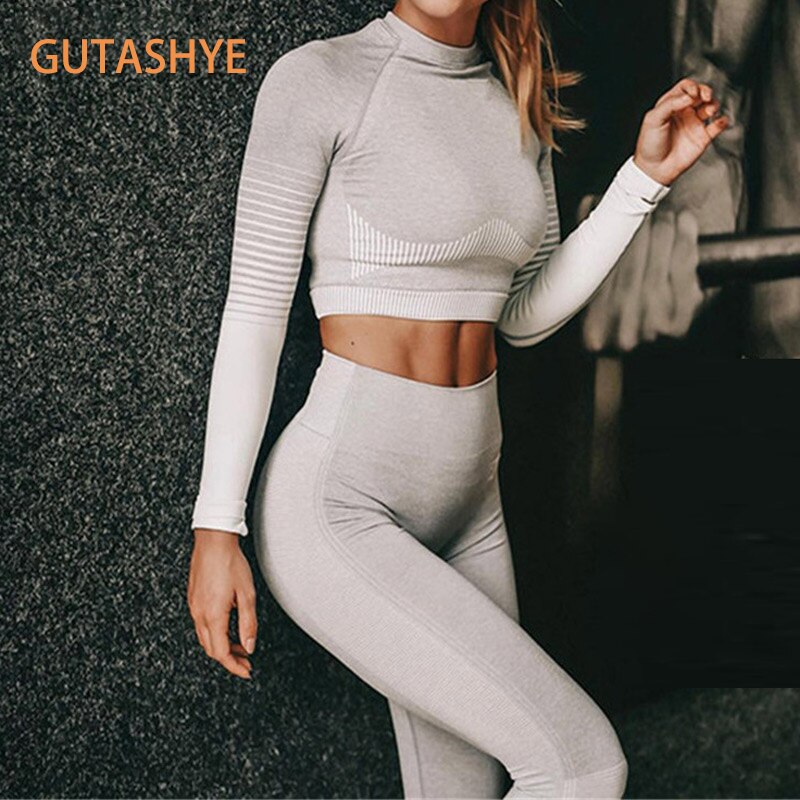 GUTASHYE Seamless Women Yoga Set Workout Sportswear Gym Clothing Fitness Long Sleeve Crop Top High Waist Leggings Sports Suits