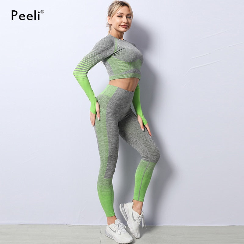 Peeli Long Sleeve Gym Set Cropped Top Seamless Leggings Yoga Set Workout Clothes Women Sport Suit Sportswear Running Tracksuit