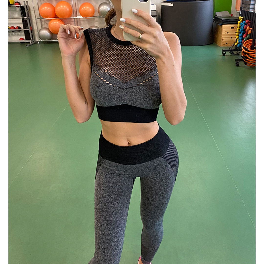 Seamless Sport Set Women Two Piece Crop Top Leggings Workout Clothes Outfit Hollow Fitness Gym Suit Sports Wear Yoga Sets A003