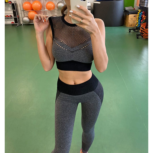 Seamless Sport Set Women Two Piece Crop Top Leggings Workout Clothes Outfit Hollow Fitness Gym Suit Sports Wear Yoga Sets A003