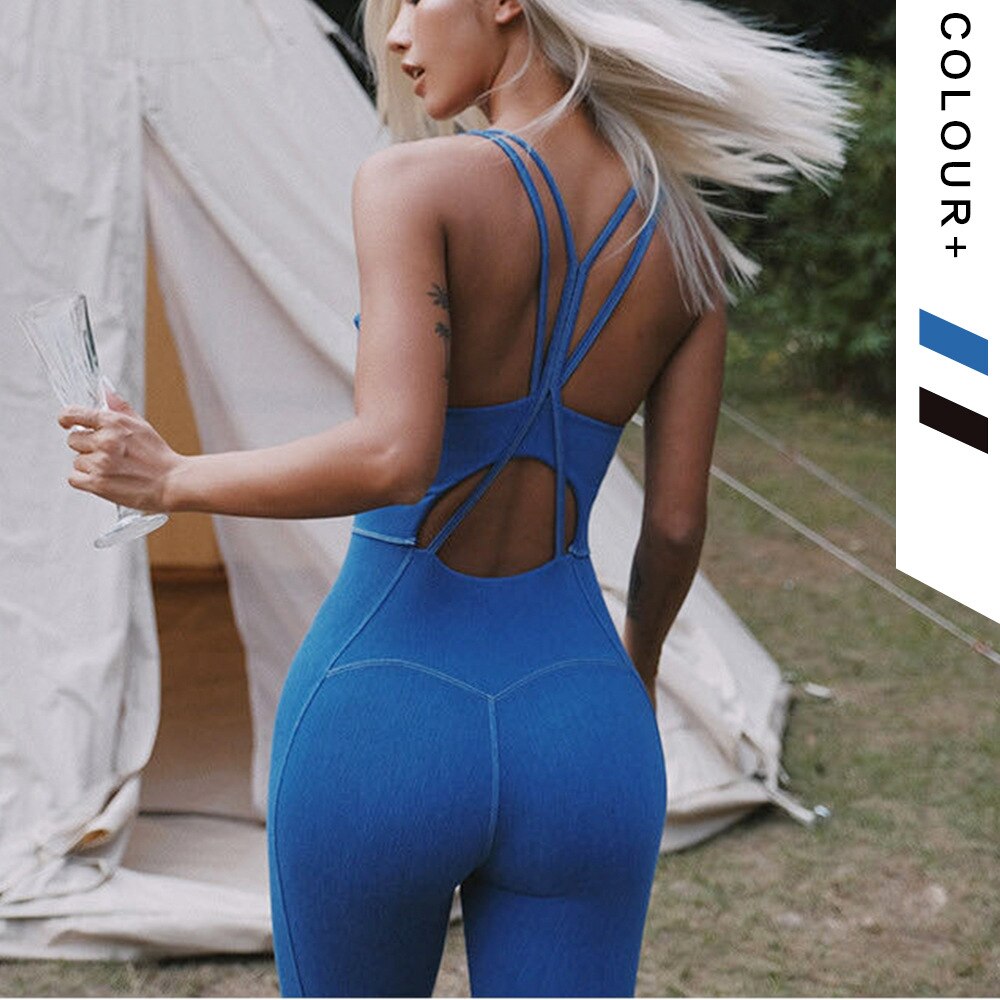 Seamless Yoga Sets Women Sleeveless Gym Clothing Back Strap Cross Yoga Set with Padded Sports Tights Rompers Fitness Jumpsuit