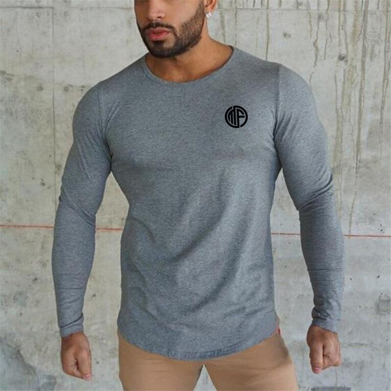 Casual Solid Workout Tee Top New Men Cotton Breathable Sports Long Sleeve T-shirt Spring Fashion Brand O-Neck Slim Fit Tshirt