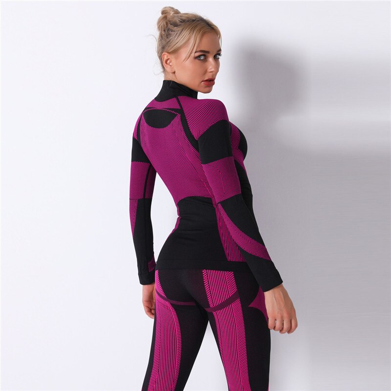 2pcs/set Women Sports Suit Yoga Set Gym Turtleneck Clothes Long Sleeve Fitness Crop Top + Striped Knitted Seamless Leggings New