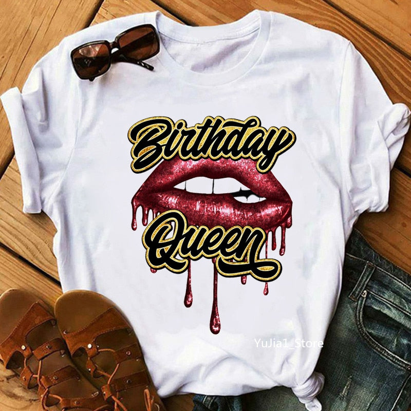 Birthday Squad/Queen Graphic Print Women&#39;S T-Shirt Sexy Glitter Lips Tshirt Femme Summer Fashion Tops Tee Shirt Female Wholesale