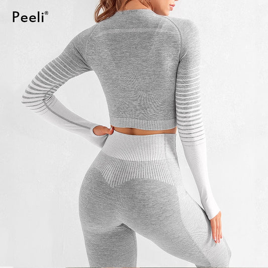 Peeli Long Sleeve Gym Set Cropped Top Seamless Leggings Yoga Set Workout Clothes Women Sport Suit Sportswear Running Tracksuit