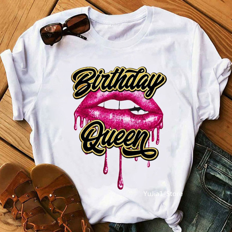 Birthday Squad/Queen Graphic Print Women&#39;S T-Shirt Sexy Glitter Lips Tshirt Femme Summer Fashion Tops Tee Shirt Female Wholesale