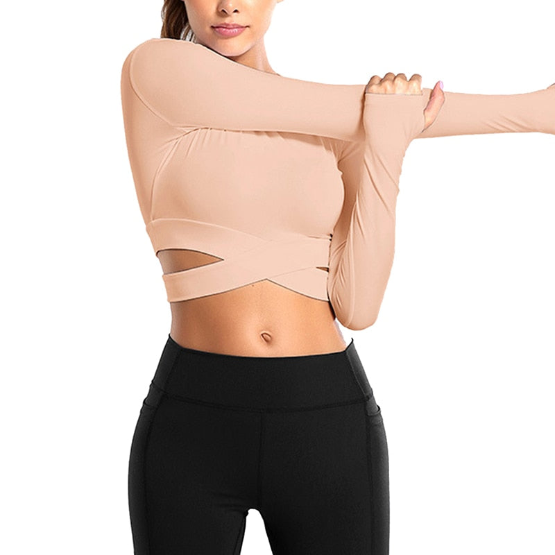 Crop Tops Women Yoga T-shirts Solid Sports Top Long Sleeve Running Shirts Sexy Exposed Navel Quick Dry Fitness Gym Sport Wear