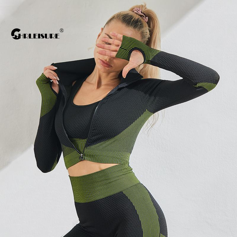 CHRLEISURE 2/3PCS Sports Set Women Seamless Sports Suits Push Up Gym Legging Fitness Tank Zipper Long Sleeve Workout Yoga Pants