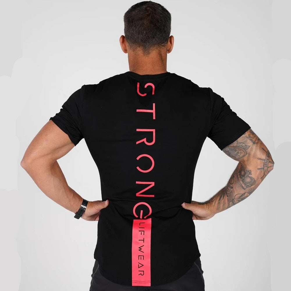 Black Casual T-shirt Men Print Short sleeve t shirt Summer Gyms Fitness Workout Cotton Tee shirt Male Brand Tees Tops Clothes