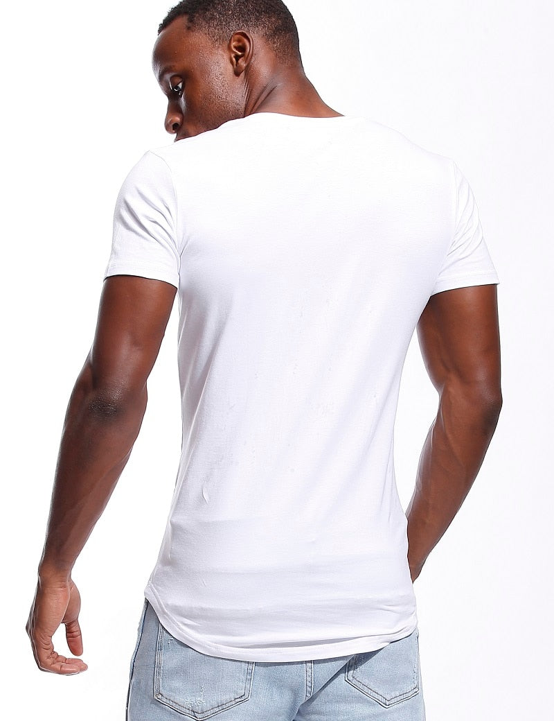 Deep V Neck T Shirt for Men Low Cut Vneck Wide Vee Tee Male Tshirt Invisible Undershirt Model Scoop Hem Slim Fit Short Sleeve