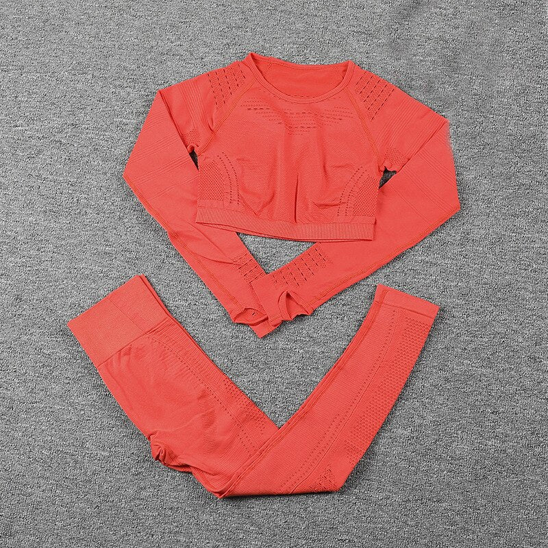 Women Yoga Sets 2pieces Workout Suits for Fitness Sportwear Outfits Long Sleeve Shirt+Smealess  Sports Leggings Female Gym,LF046