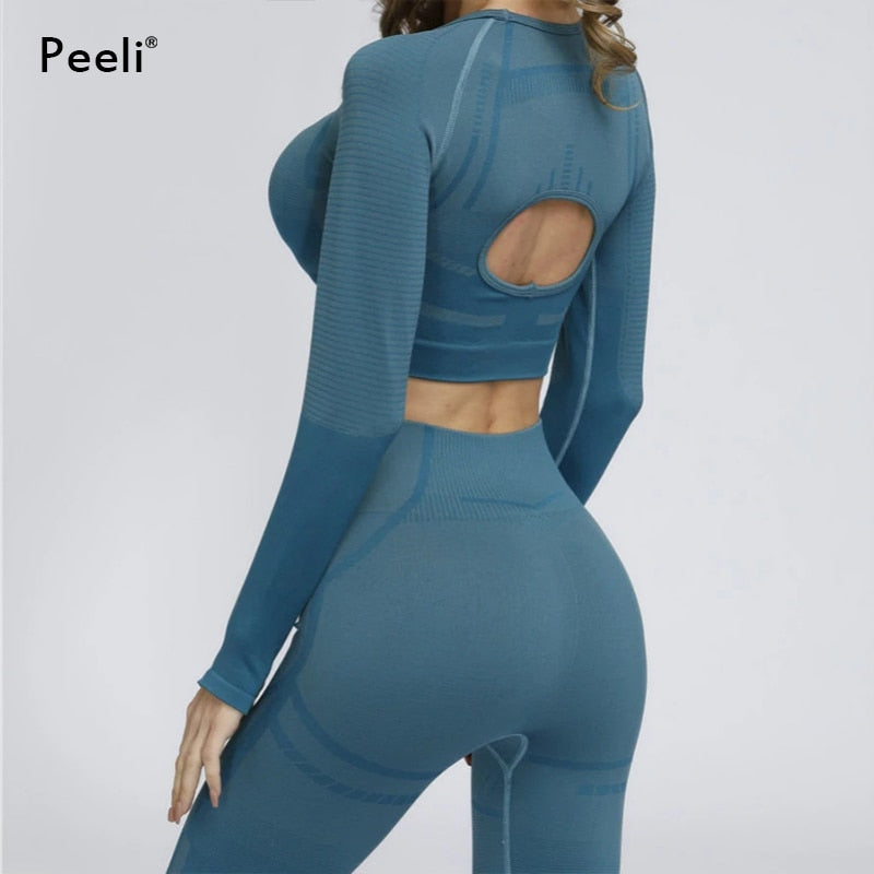 Peeli 2 PC Sports Set Seo Seamless Yoga Set Sport Suit for Women Long Sleeve Gym Crop Top High Waist Leggings Fitness Gym Suit