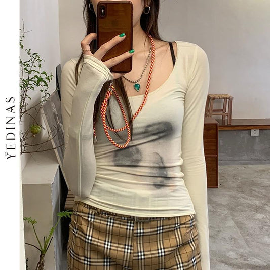 Tonngirls Sexy See Through Mesh Tops Thin Slim Semitransparent Top Tie Dye Grunge Aesthetic T-shirts Women Chic Clubwear Graphic