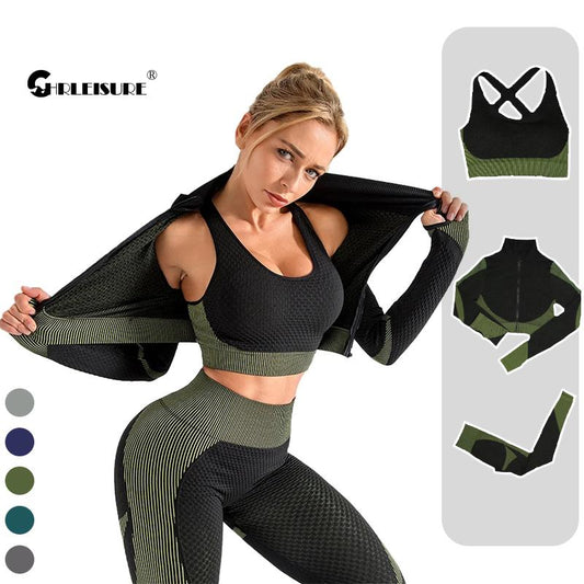 CHRLEISURE 2/3PCS Sports Set Women Seamless Sports Suits Push Up Gym Legging Fitness Tank Zipper Long Sleeve Workout Yoga Pants