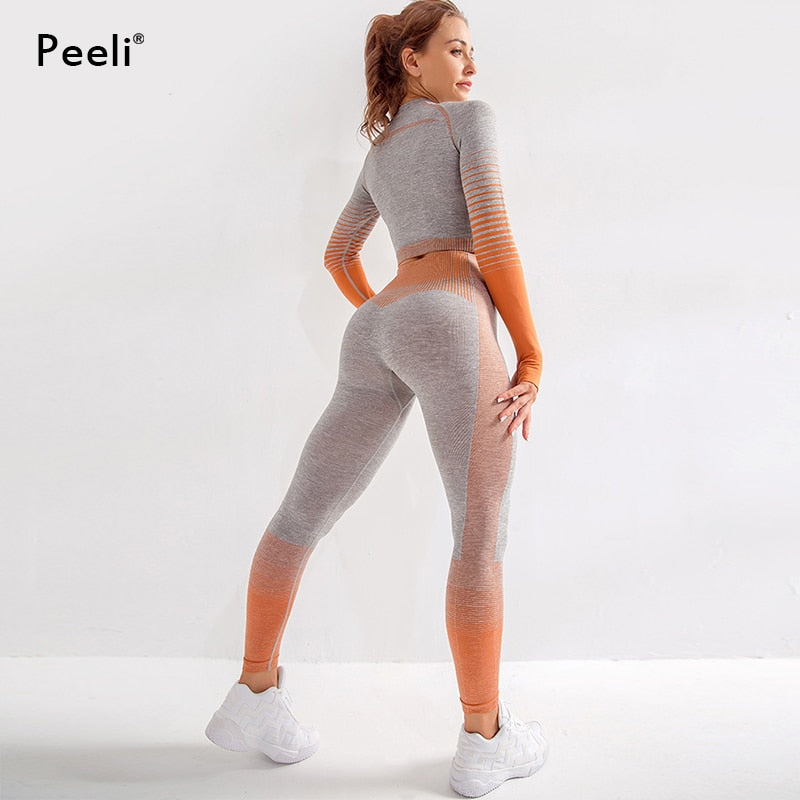 Peeli Long Sleeve Gym Set Cropped Top Seamless Leggings Yoga Set Workout Clothes Women Sport Suit Sportswear Running Tracksuit