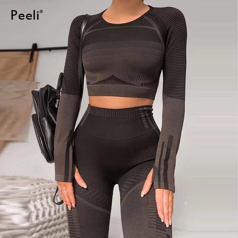 Peeli 2 PC Sports Set Seo Seamless Yoga Set Sport Suit for Women Long Sleeve Gym Crop Top High Waist Leggings Fitness Gym Suit