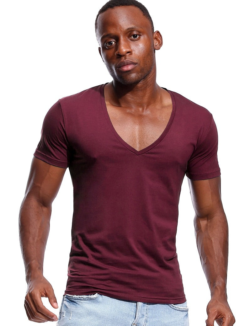 Deep V Neck T Shirt for Men Low Cut Vneck Wide Vee Tee Male Tshirt Invisible Undershirt Model Scoop Hem Slim Fit Short Sleeve