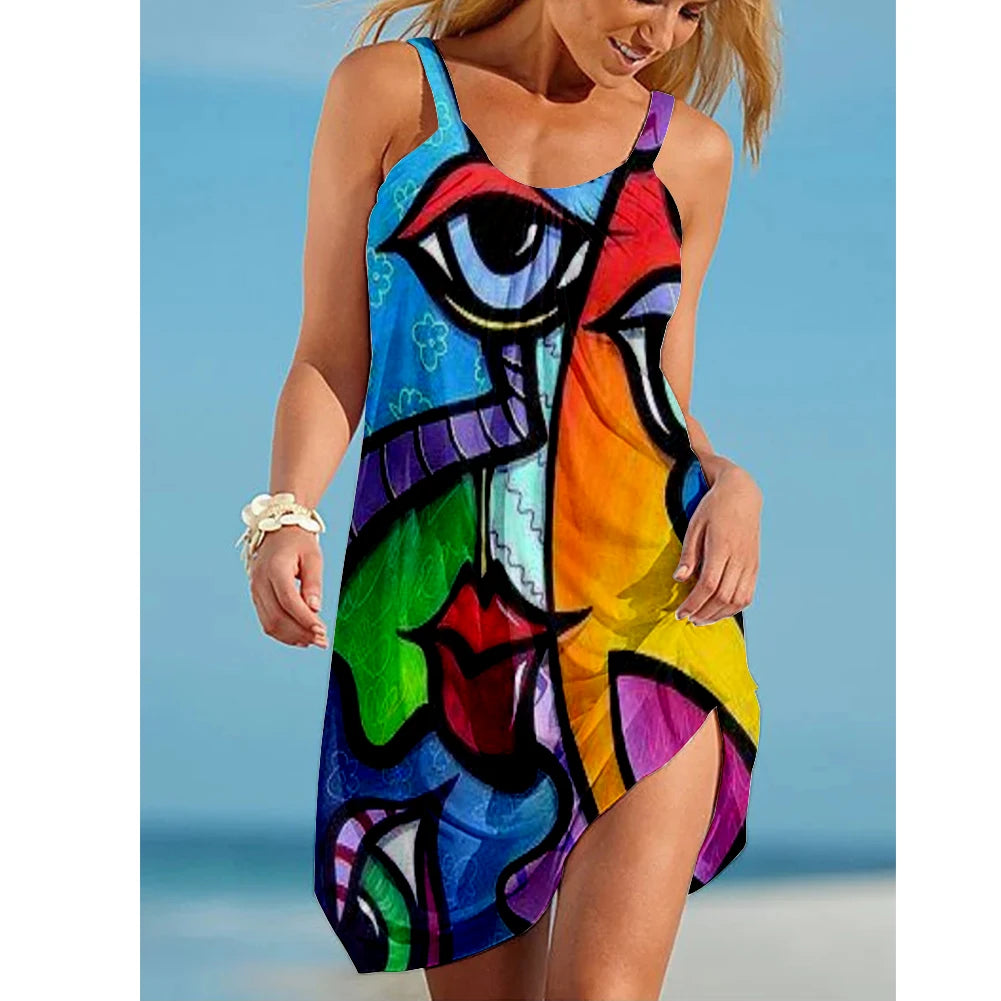 Summer Sexy Beach Dress Portrait Painting 3D Print Vintage Women Dresses Streetwear Boho Female O-Neck Sling Midi Party Dresses