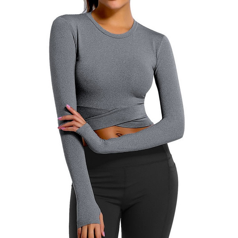 Crop Tops Women Yoga T-shirts Solid Sports Top Long Sleeve Running Shirts Sexy Exposed Navel Quick Dry Fitness Gym Sport Wear