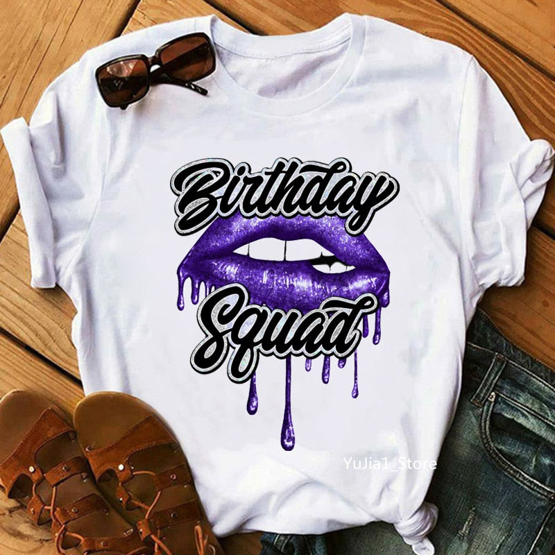 Birthday Squad/Queen Graphic Print Women&#39;S T-Shirt Sexy Glitter Lips Tshirt Femme Summer Fashion Tops Tee Shirt Female Wholesale