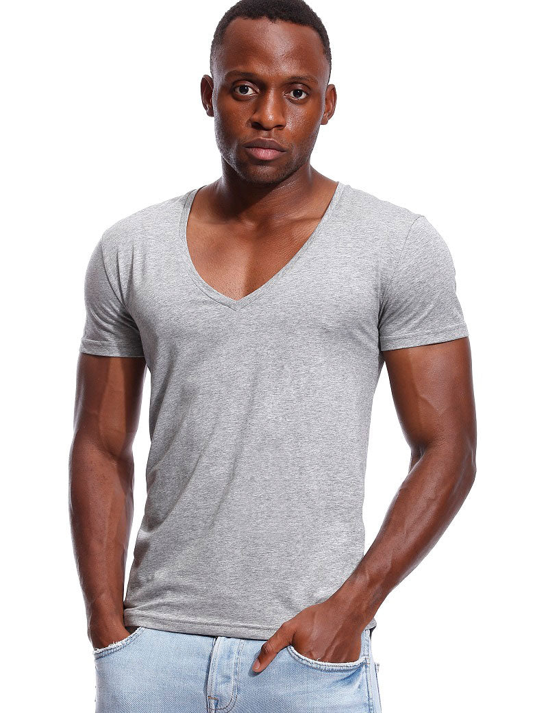 Deep V Neck T Shirt for Men Low Cut Vneck Wide Vee Tee Male Tshirt Invisible Undershirt Model Scoop Hem Slim Fit Short Sleeve