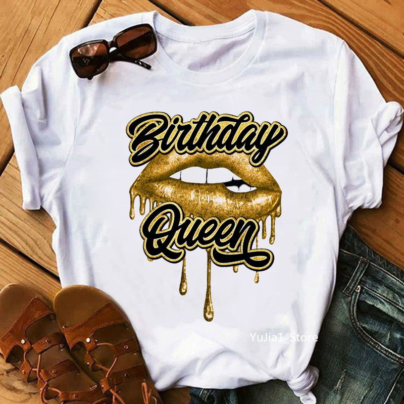 Birthday Squad/Queen Graphic Print Women&#39;S T-Shirt Sexy Glitter Lips Tshirt Femme Summer Fashion Tops Tee Shirt Female Wholesale