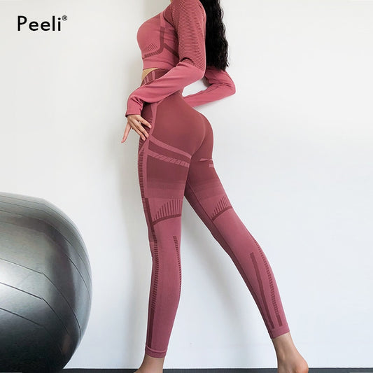 Peeli 2 PC Sports Set Seo Seamless Yoga Set Sport Suit for Women Long Sleeve Gym Crop Top High Waist Leggings Fitness Gym Suit