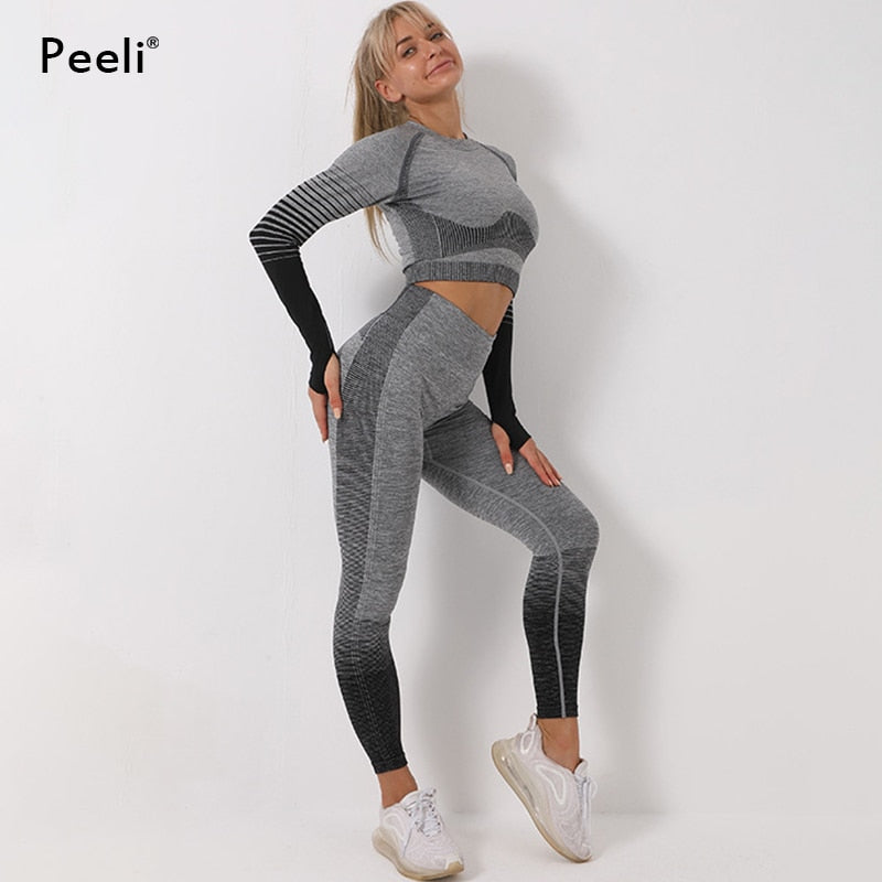 Peeli Long Sleeve Gym Set Cropped Top Seamless Leggings Yoga Set Workout Clothes Women Sport Suit Sportswear Running Tracksuit