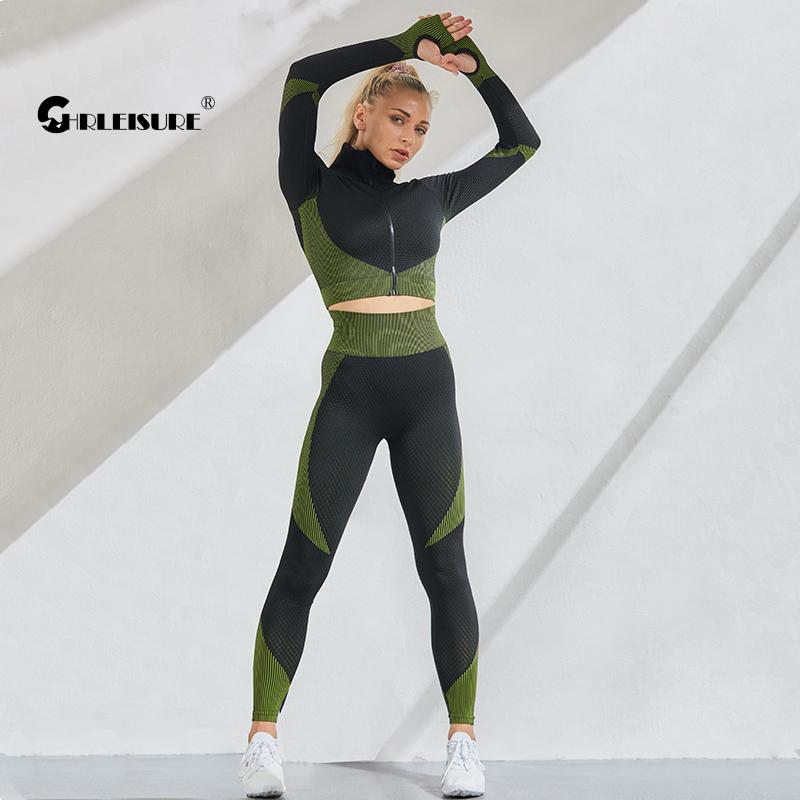 CHRLEISURE 2/3PCS Sports Set Women Seamless Sports Suits Push Up Gym Legging Fitness Tank Zipper Long Sleeve Workout Yoga Pants