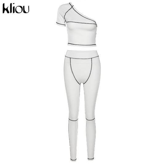 Kliou tracksuit women 2 piece set women one-shoulder crop top high waist pants summer fashion streetwear sportswear outfit