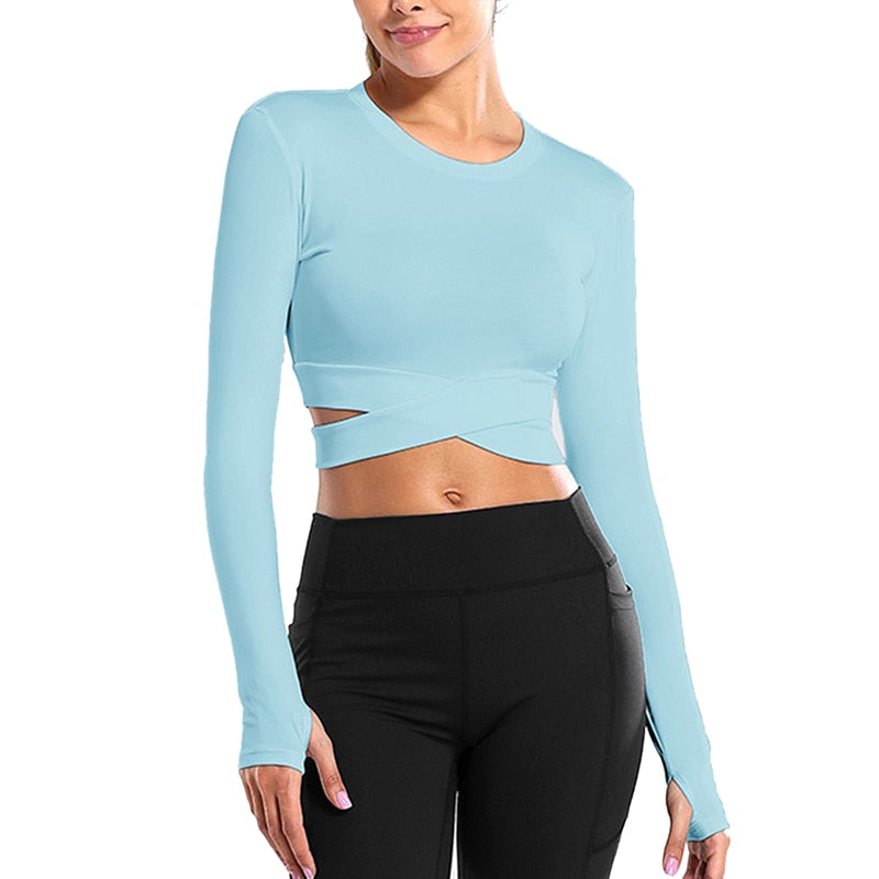 Crop Tops Women Yoga T-shirts Solid Sports Top Long Sleeve Running Shirts Sexy Exposed Navel Quick Dry Fitness Gym Sport Wear