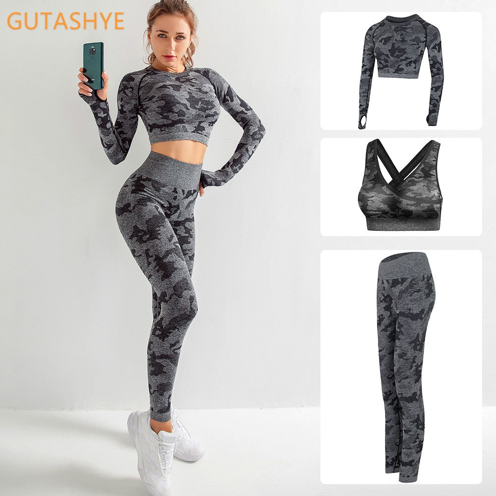 3PCS/Set Camouflage Yoga Set Women Seamless Fitness Yoga Bra Sports Bra High Waist GYM Camo leggings Pants Fitness Suits Workout