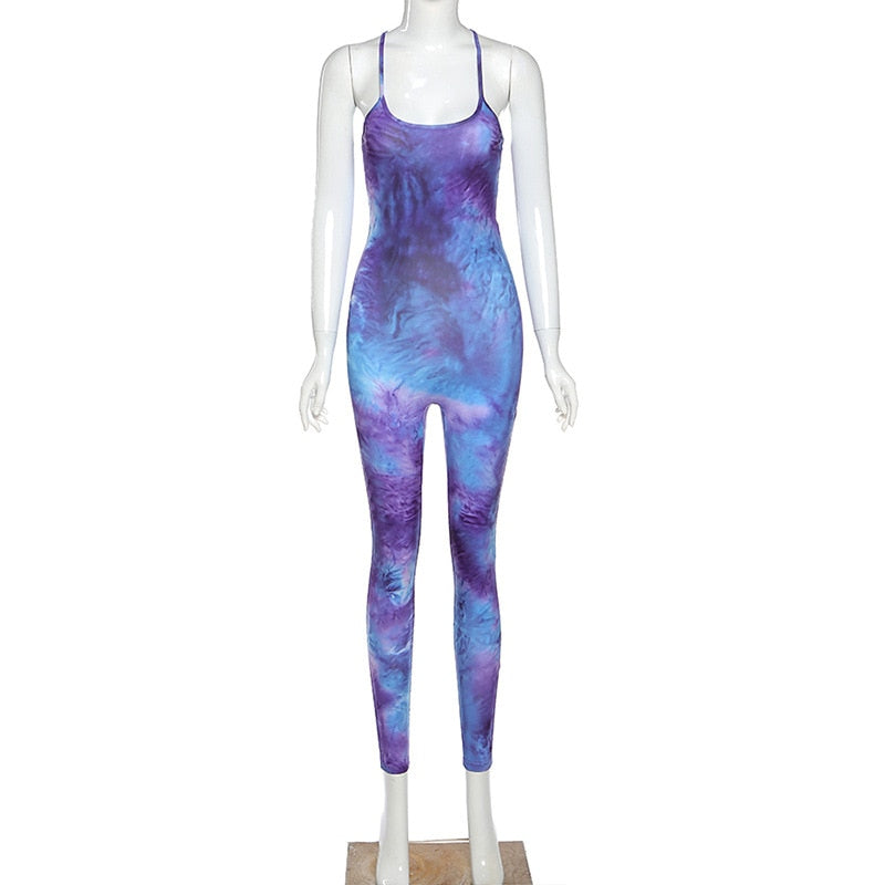 Tie Dye Print Women Jumpsuits Active Wear Sleeveless Low-Neck Blackless Stretchy Workout Casual Fashion Fitness Bodycon Jumpsuit