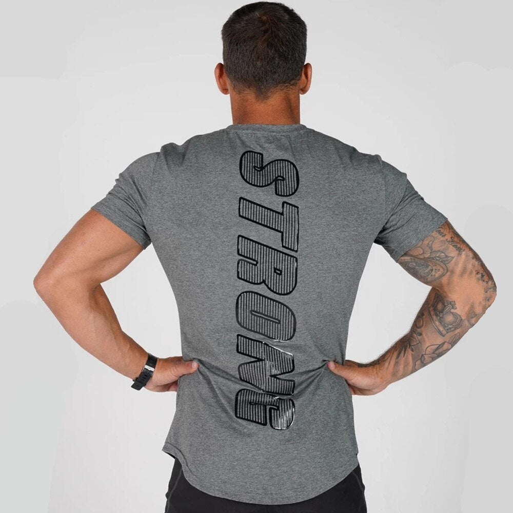 Black Casual T-shirt Men Print Short sleeve t shirt Summer Gyms Fitness Workout Cotton Tee shirt Male Brand Tees Tops Clothes