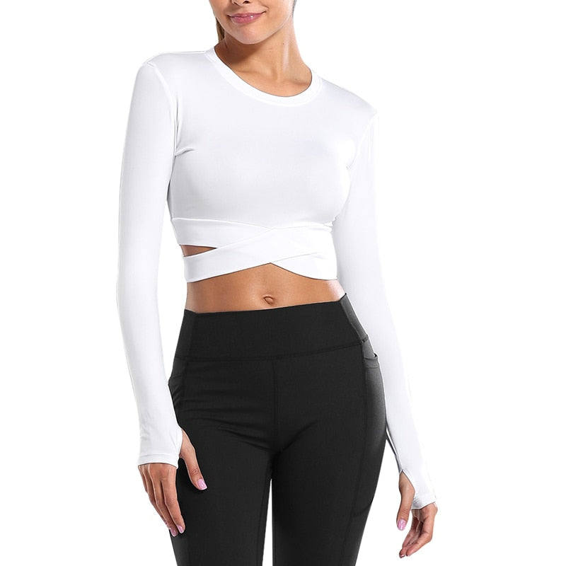 Crop Tops Women Yoga T-shirts Solid Sports Top Long Sleeve Running Shirts Sexy Exposed Navel Quick Dry Fitness Gym Sport Wear