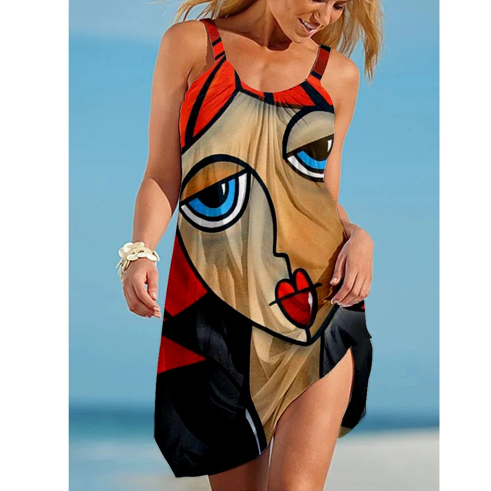 Summer Sexy Beach Dress Portrait Painting 3D Print Vintage Women Dresses Streetwear Boho Female O-Neck Sling Midi Party Dresses