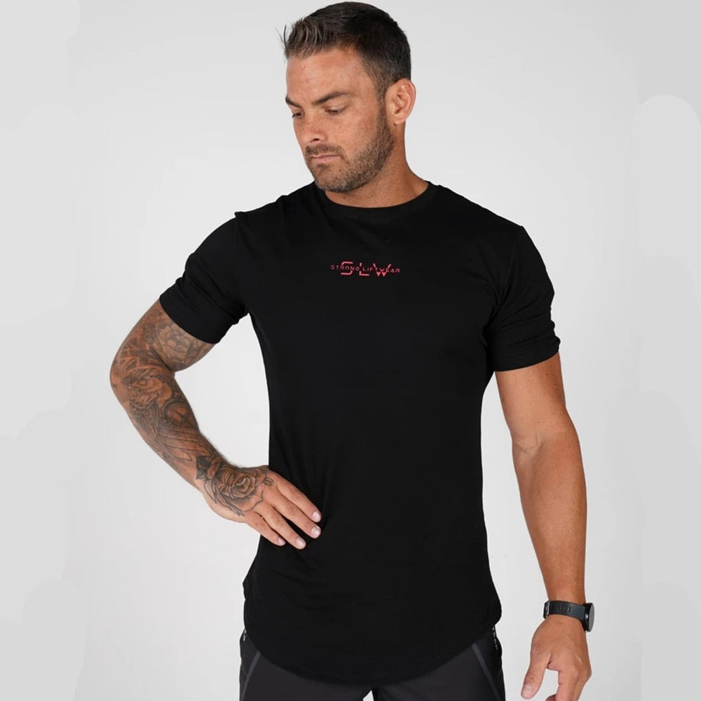 Black Casual T-shirt Men Print Short sleeve t shirt Summer Gyms Fitness Workout Cotton Tee shirt Male Brand Tees Tops Clothes