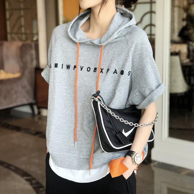 Summer Fashion Women Short Sleeve Loose T-shirt All-matched Casual Hooded Tee Shirt Femme Letter Print Tops 100% Cotton S823