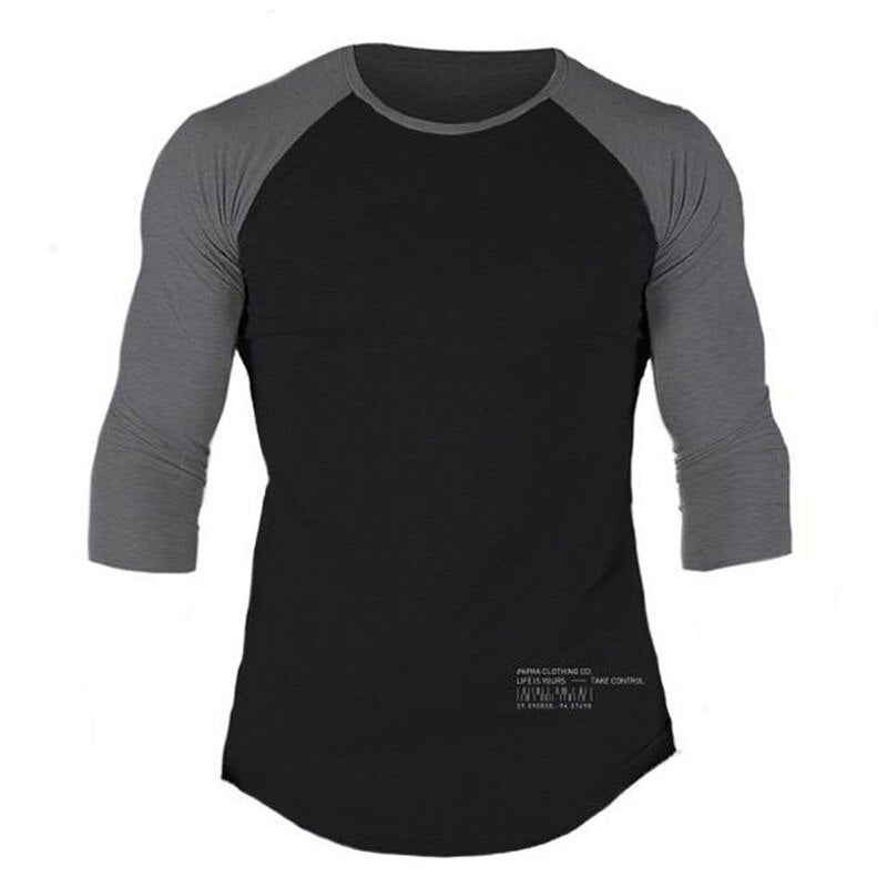 Men Gym Fitness T-shirt Cotton Shawl sleeve shirts Bodybuilding Slim Fit Workout Patchwork Casual Skinny Tee Tops Male Clothing